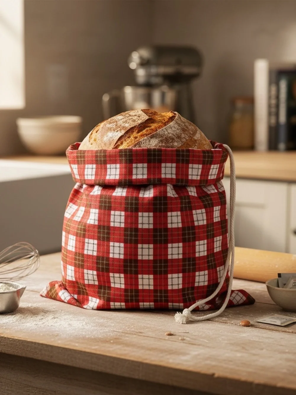 Christmas Red Plaid Cotton Bread Bag, Holiday Reusable Sourdough Bread Storage